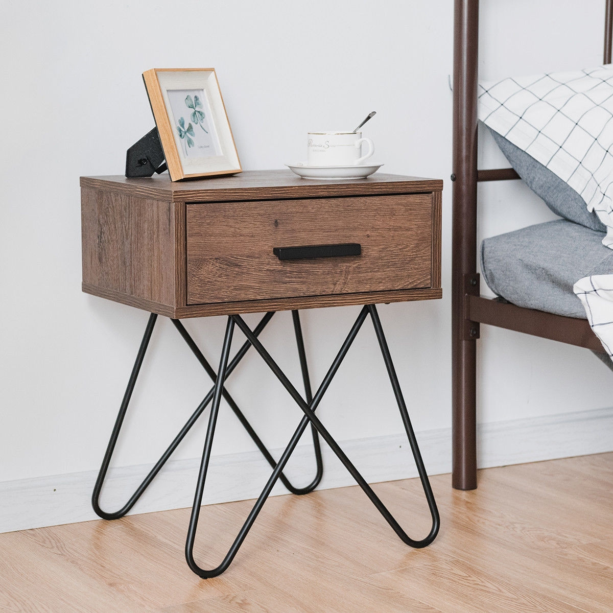 Nightstand Coffee Table Storage Display With Steel Legs And 1 Drawer