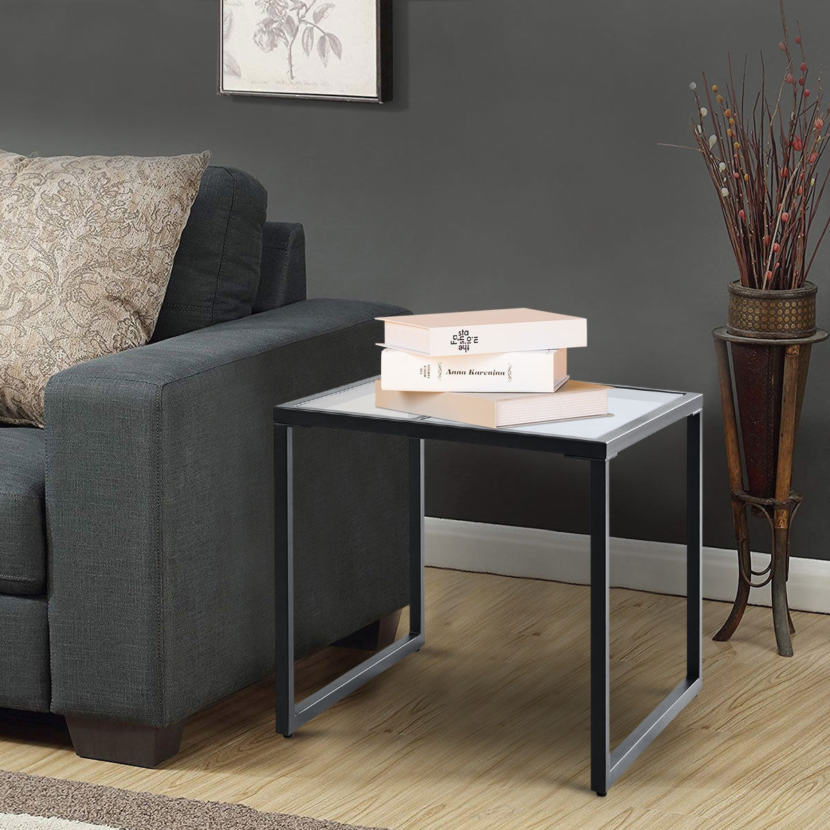 Living Room Square Side End Table With Tempered Glass Top