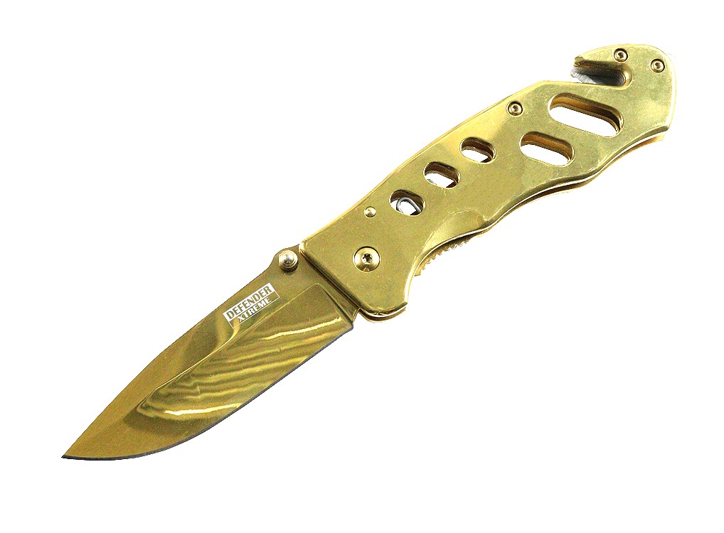 Defender Xtreme 8 in. All Gold Color Spring Assist Folding Knife 3CR13 Steel