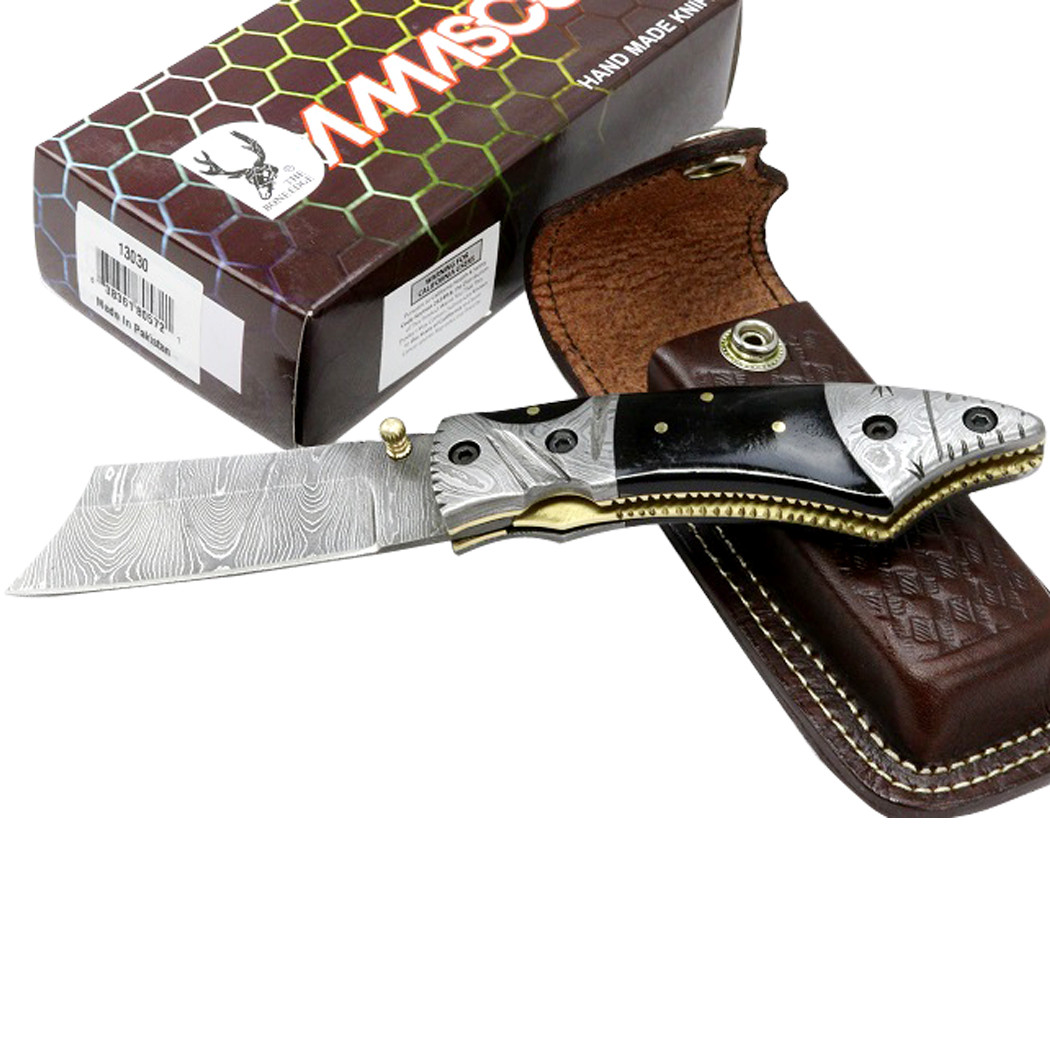 The Bone Edge 7.5 in. Damascus Blade Folding Knife Horn Handle Handmade with Sheath