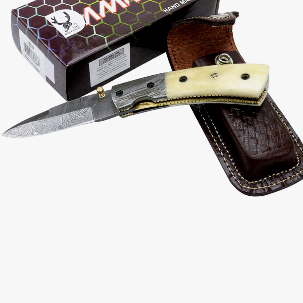 TheBoneEdge 7 in. Damascus Blade Folding Knives Horn Handle Handmade with Sheath