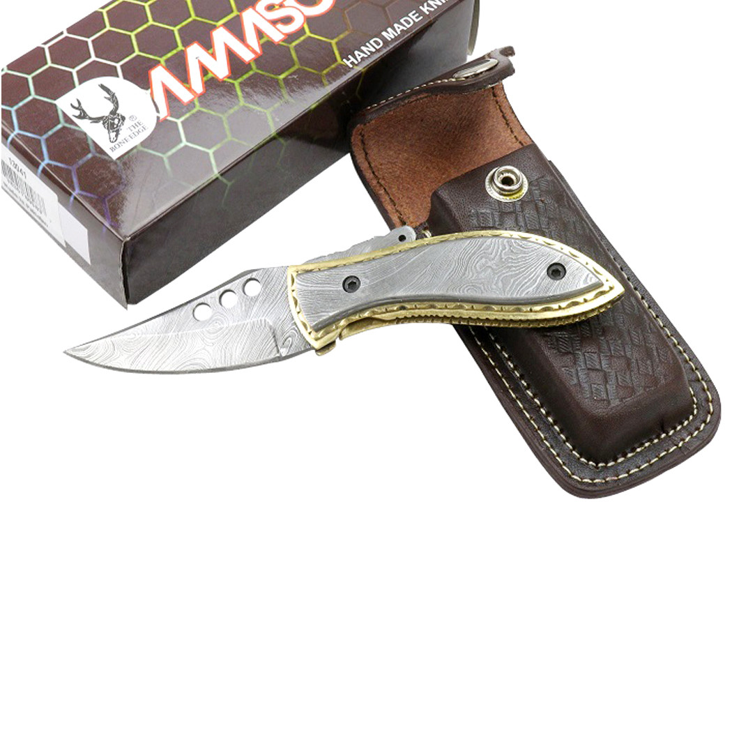 TheBoneEdge 7 in. Damascus Blade and Handle Folding Knife Handmade with Sheath New