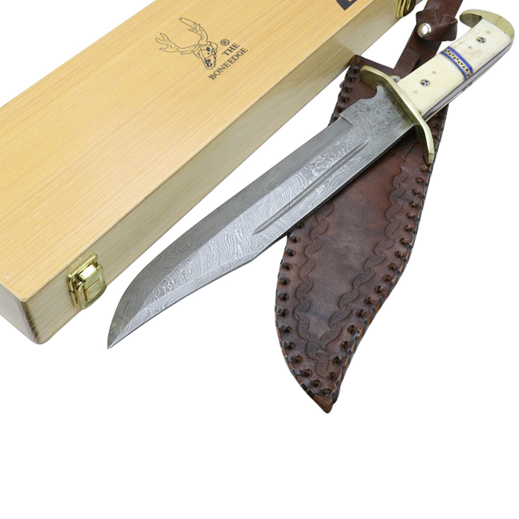 The Bone Edge 16.5 in. Damascus Blade Horn Handle Hunting Knives with Leather Sheath