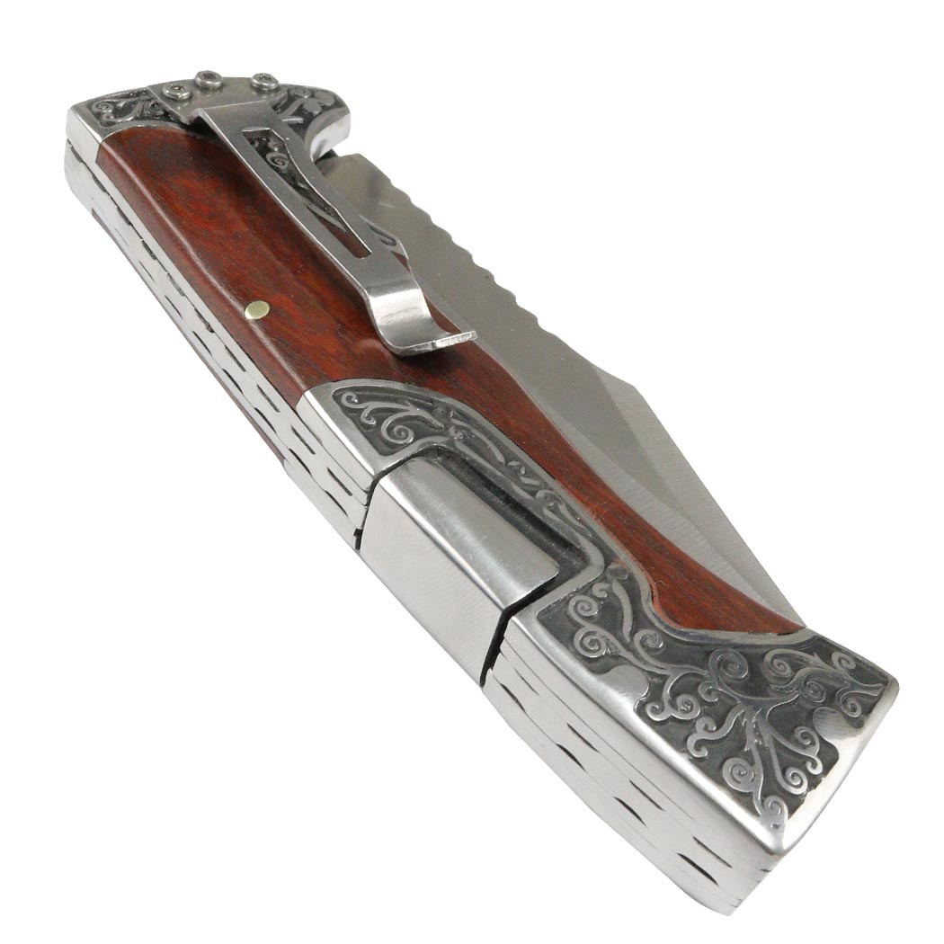 TheBoneEdge Wood Handle Engraved Design 9 in. Folding Knife 3CR13 Stainless Steel