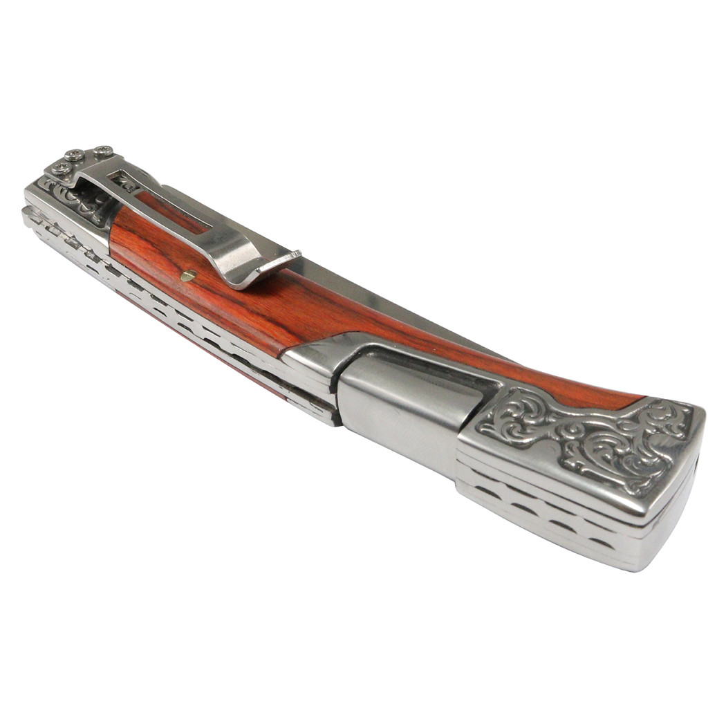 TheBoneEdge Red Rosewood Handle Engraved Design 9 in. Folding Knife 3CR13 Steel