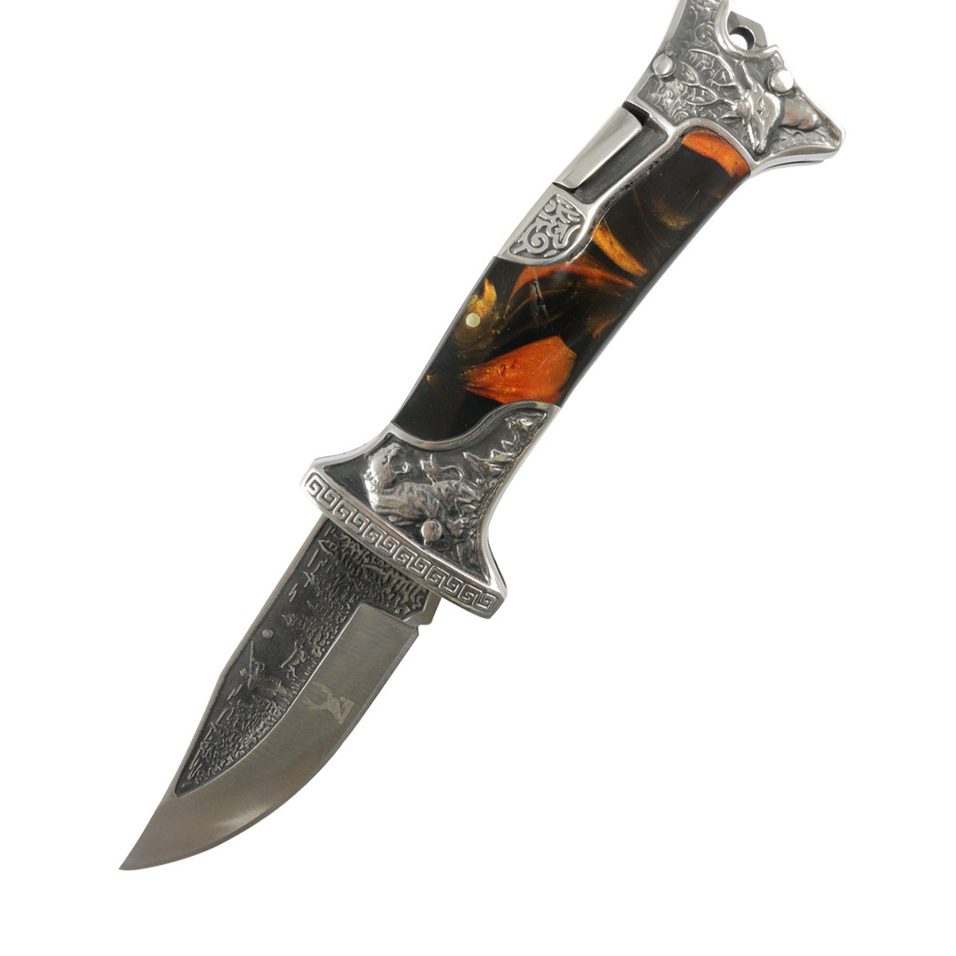TheBoneEdge Hunter Blade Engraved Design Marble 9 in. Folding Knife 3CR13 Steel