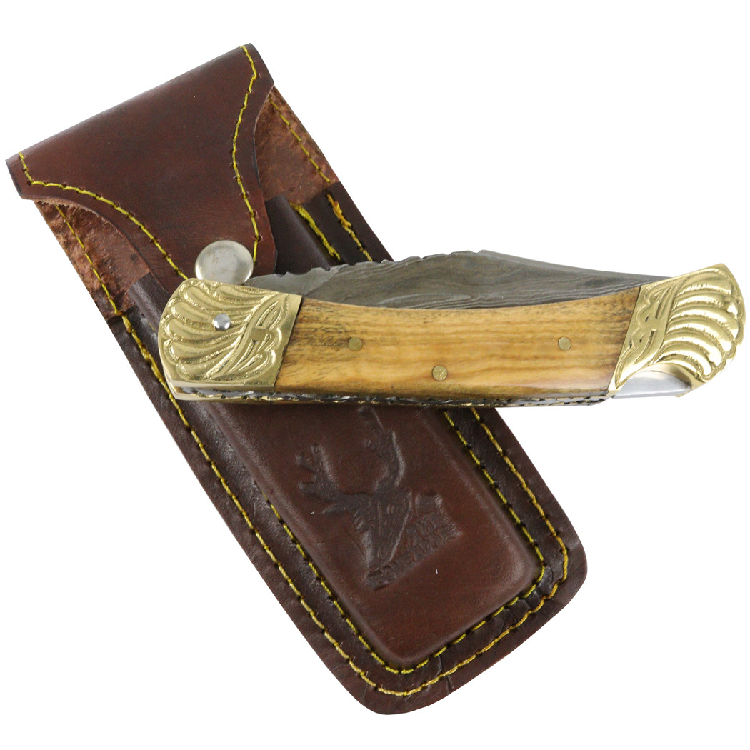 TheBoneEdge 8 in. Damascus Blade Folding Knife Wood Gold trim hand made with Sheath