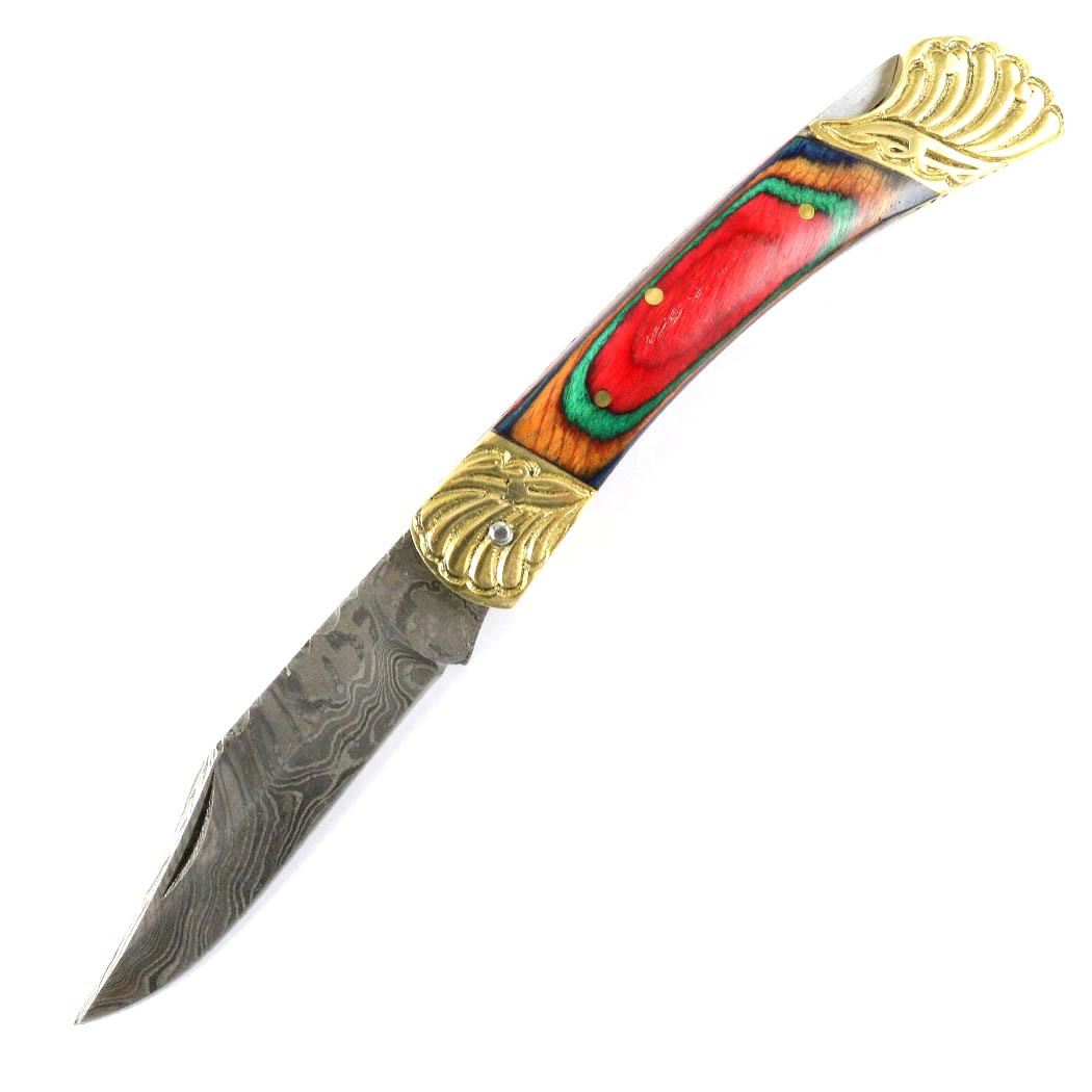8.5 in. Damascus Blade Folding Knife Mlti Color Wood Handle hand made with Sheath