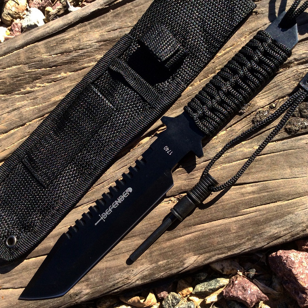 11 in. All Black Full Tang Hunting Knife With Fire Starter & Sheath
