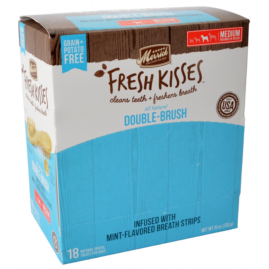 Merrick Fresh Kisses Mint Double-Brush Dental Treats - Medium - 18 Count Individually Wrapped