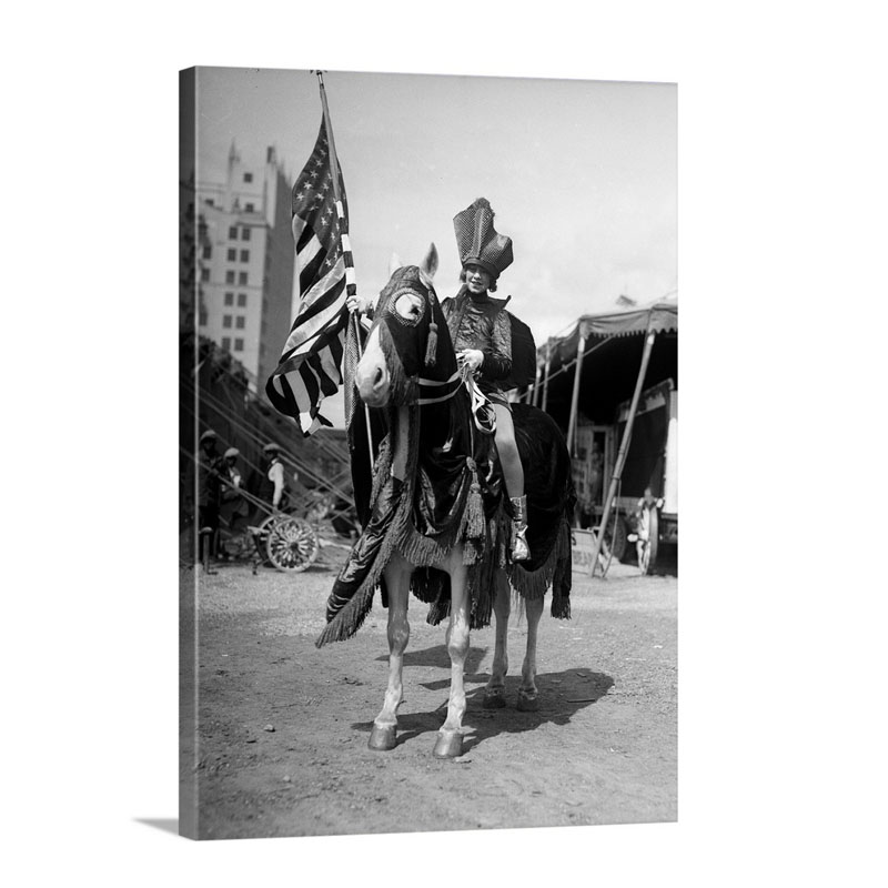 1930s Smiling Man On Horse Wearing Costume Holding U S Flag Horse Wearing Fringed Cape Wall Art - Canvas - Gallery Wrap
