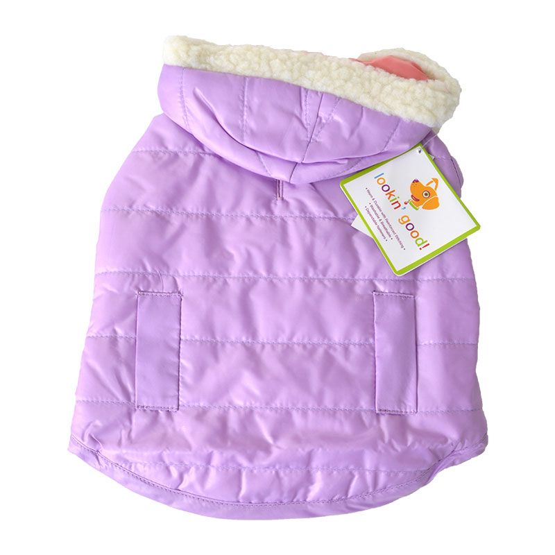 Lookin Good Reversible Puffy Dog Coat - Lilac - Small - Fits 10 -14 Neck to Tail