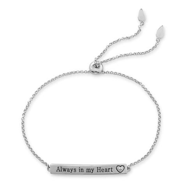 Rhodium Plated -Always in my Heart- Bar Bolo Bracelet with Diamond