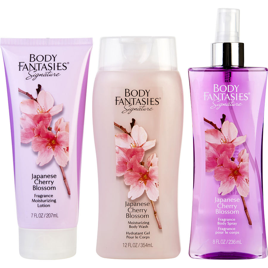 Body Fantasies Japanese Cherry Blossom - Body Spray 8 oz And Body Lotion 7 oz And Body Wash 12 oz