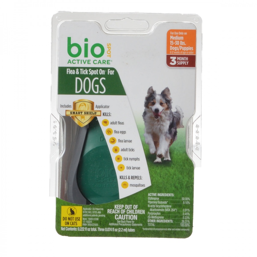Bio Spot Active Care Flea and Tick Spot On for Dogs - Medium - 3 Month Supply - Dogs 15-30 lbs