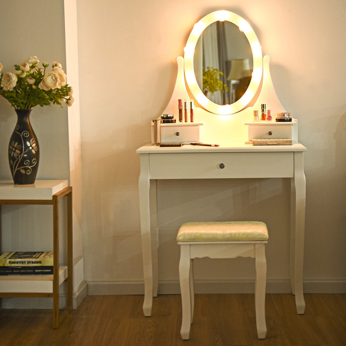 3 Drawers Lighted Mirror Vanity Makeup Dressing Table Stool Set