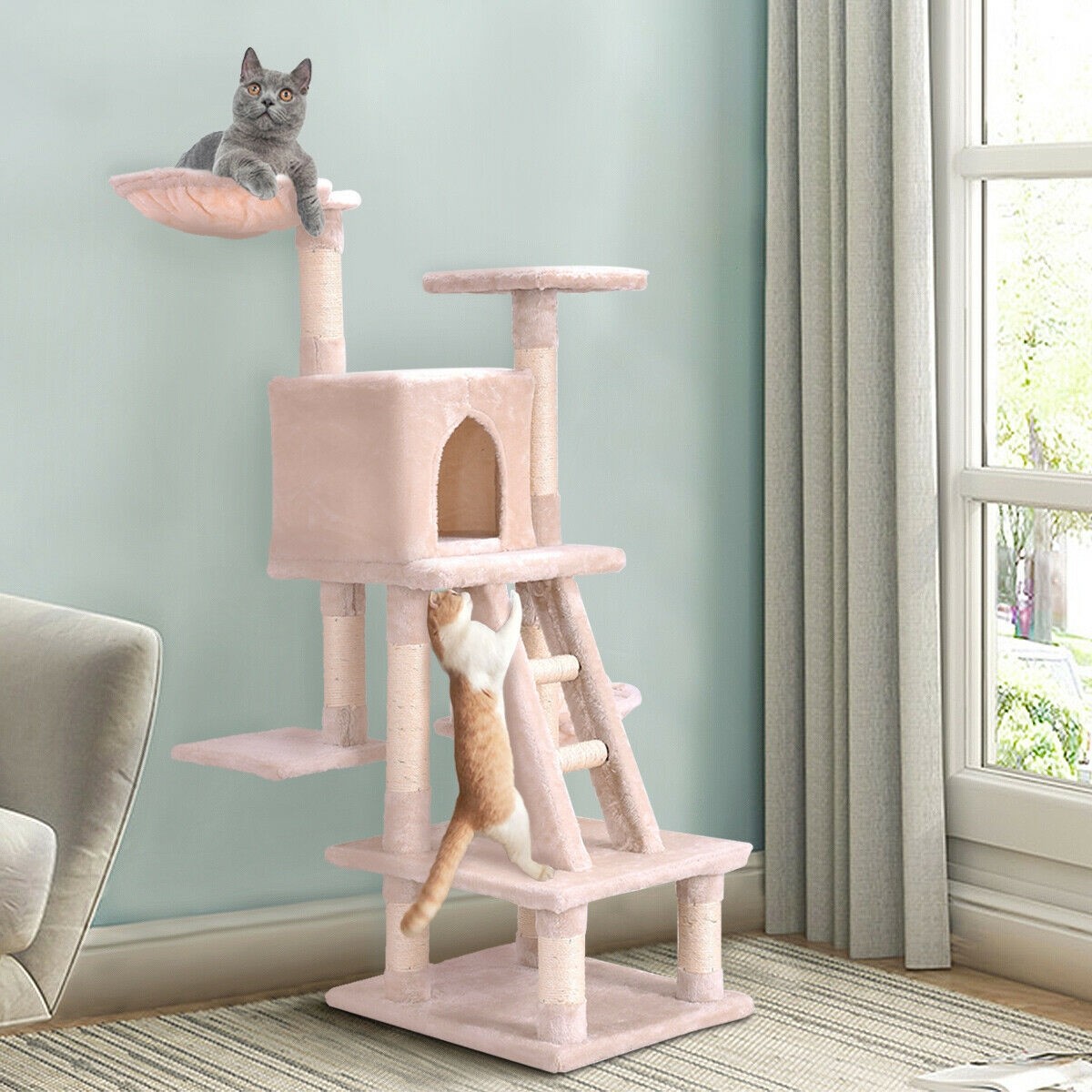 46 In. Condo Scratching Posts Ladder Cat Play Tree - Beige