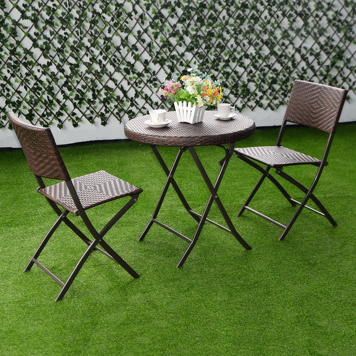 3PC Folding Round Table And Chair Bistro Set Rattan Wicker Outdoor Furniture