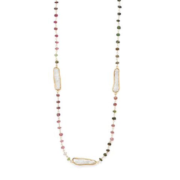 24 in. 14 Karat Gold Plated Tourmaline and Cultured Freshwater Pearl Necklace