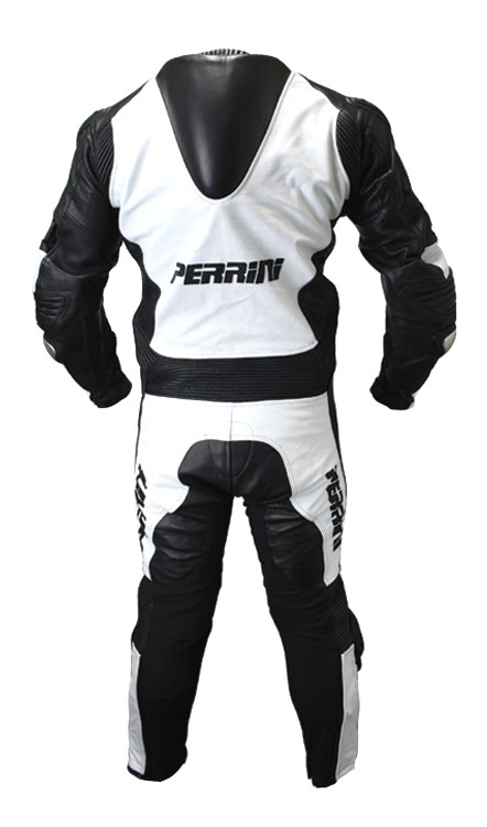 1 Piece Perrini White and Black Genuine Cow Leather Motorbike Riding Motorcycle Racing Suit