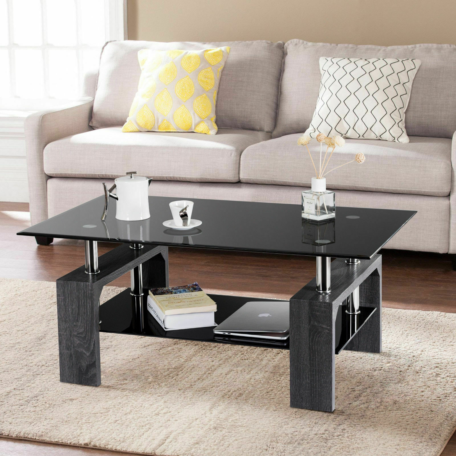 Rectangular Tempered Glass Coffee Table With Shelf