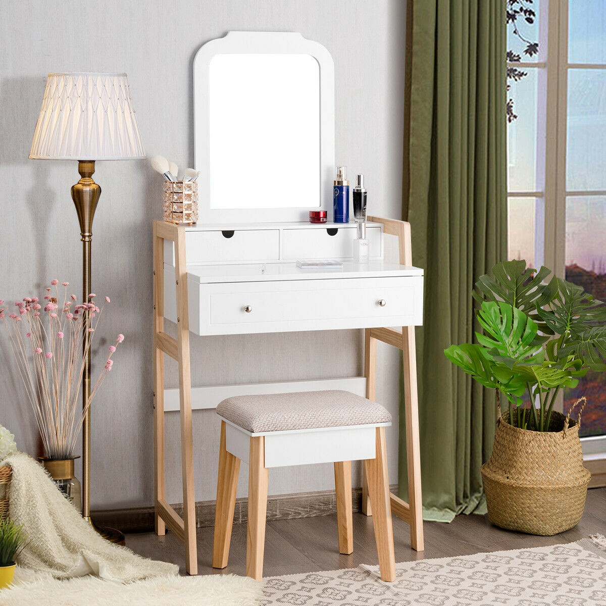 Makeup Vanity Table Dressing Table And Cushioned Stool Set