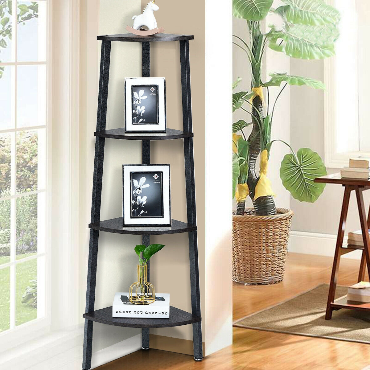 4-Tier Corner Shelf Metal Storage Rack Domestic Bookcase