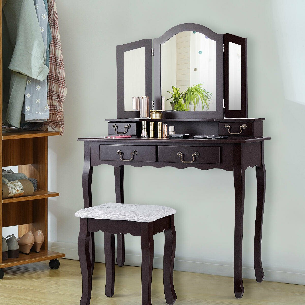 Tri Folding Mirror Makeup Dressing Vanity Set With 4 Drawers