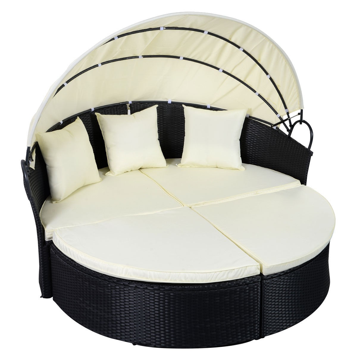 Outdoor Patio Rattan Round Retractable Canopy Daybed