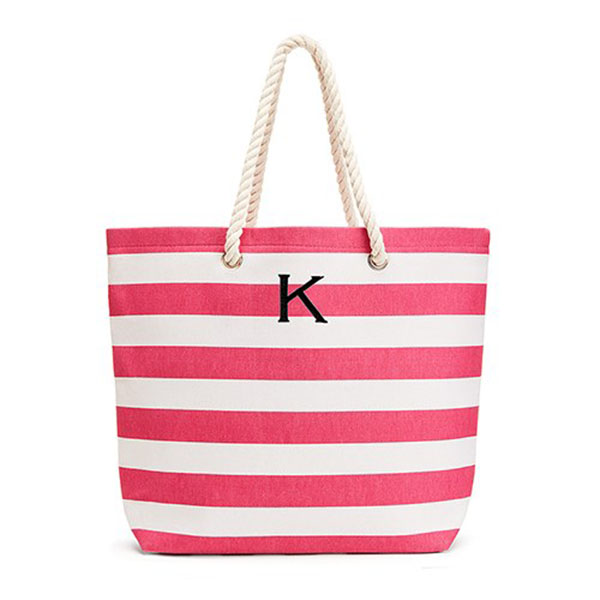 Personalized Large Cabana Stripe Canvas Tote Bag - Pink