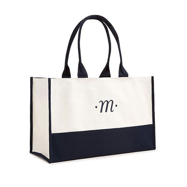 Personalized Classic Script Initial Color block Canvas Tote Bag - Navy