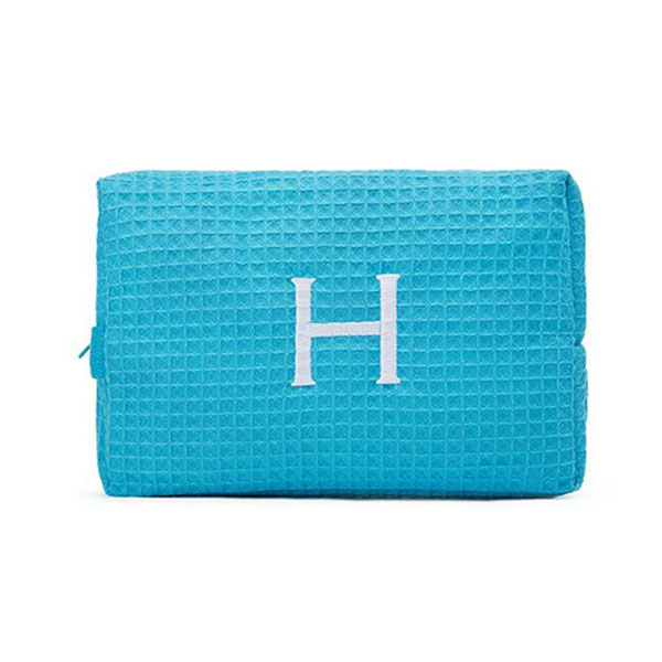 Women's Large Personalized Cotton Waffle Makeup Bag - Turquoise Blue