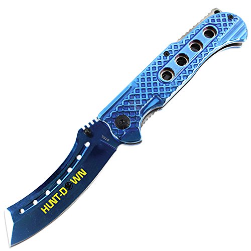 Hunt-Down 9 in. Spring Assisted Folding Knife Slotted Edge - Blue Blade & Handle
