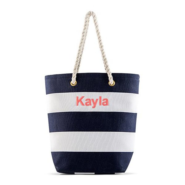 Personalized Large Bliss Canvas Tote Bag - Navy And White