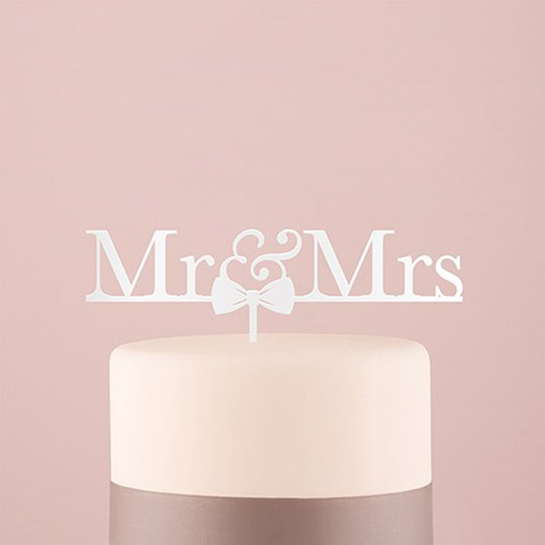 Mr & Mrs Bow Tie Acrylic Cake Topper - White