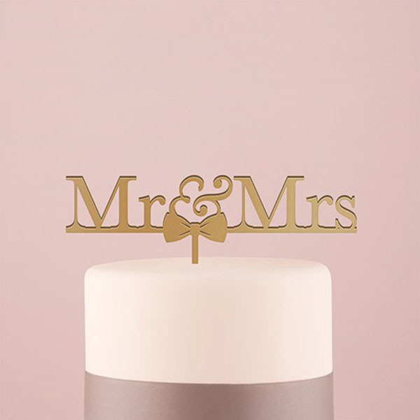 Mr & Mrs Bow Tie Acrylic Cake Topper - Metallic Gold