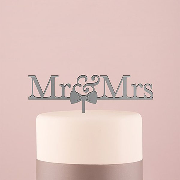 Mr & Mrs Bow Tie Acrylic Cake Topper - Metallic Silver