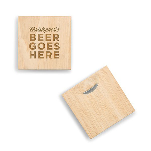 Natural Wood Coaster With Built-in Bottle Opener - Beer Goes Here Etching