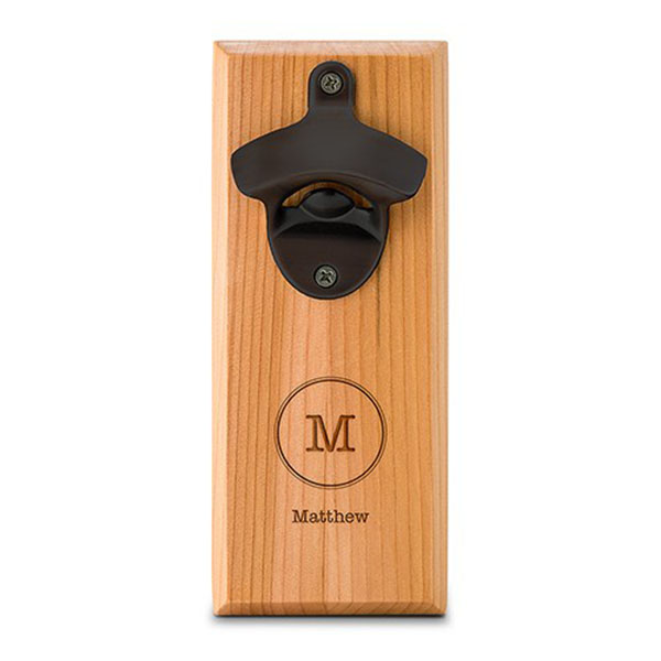 Cedar Wood Wall Mount Bottle Opener - Typewriter Monogram Etching