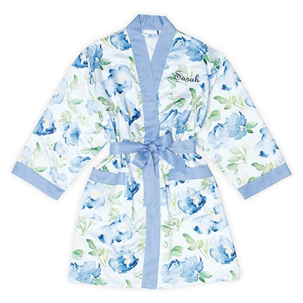 Women's Personalized Embroidered Floral Satin Robe With Pockets - Blue