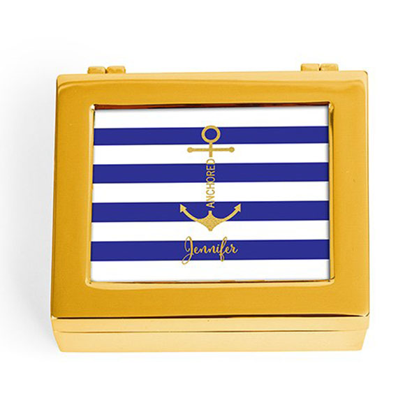 Small Modern Personalized Jewelry Box - Anchor On Stripes Print