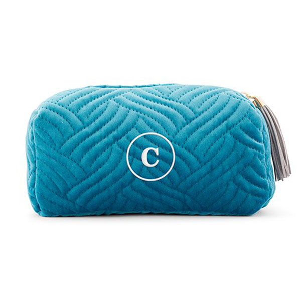 Personalized Velvet Quilted Makeup Bag For Women - Light Blue