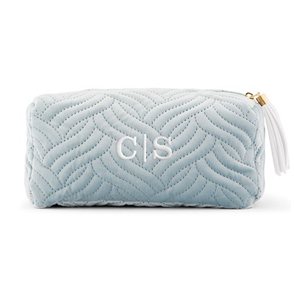 Personalized Velvet Quilted Makeup Bag For Women - Spa Blue