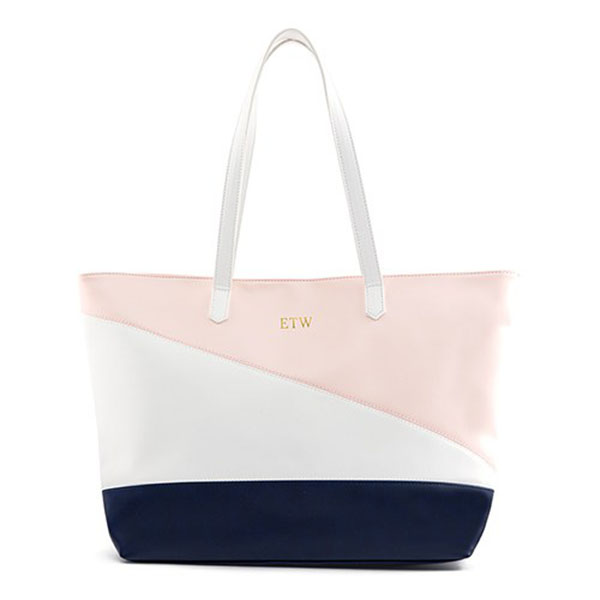 Personalized Color Block Faux Leather Tote Bag - Pink, Navy & White