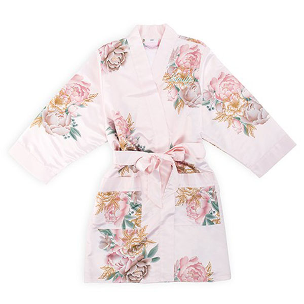 Women's Personalized Embroidered Floral Satin Robe With Pockets - Blush Pink Blissful Blooms