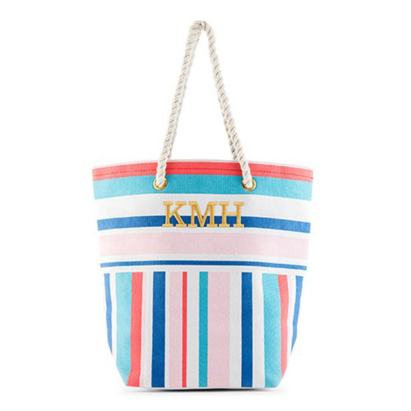 Monogrammed Cotton Canvas Beach Tote Bag - Bright Stripes