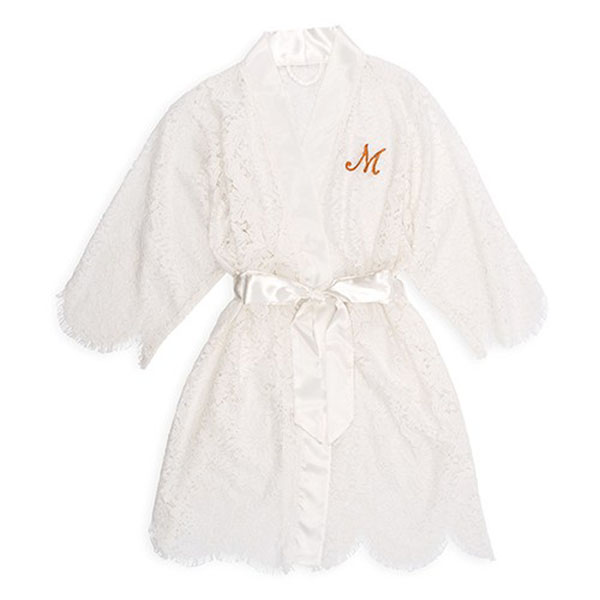 Personalized Embroidered Lace Bridal Wedding Robe - White