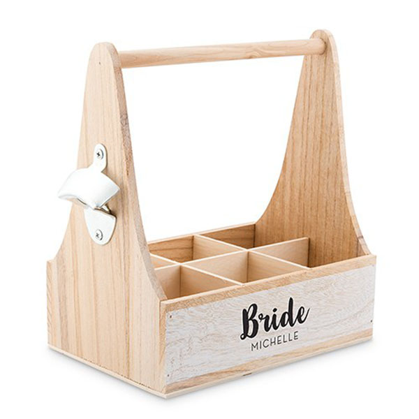 Wooden Bottle Caddy With Opener - For The Bride