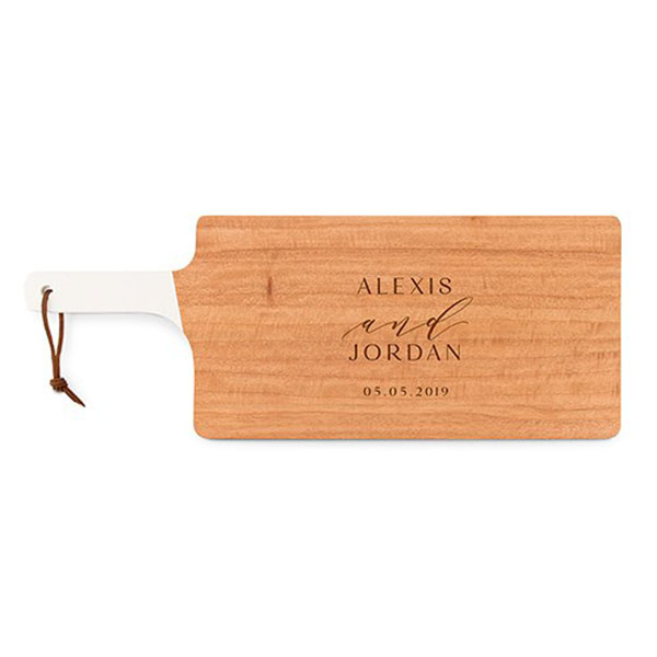 Personalized Wooden Cutting And Serving Board With White Handle - Modern Couple Etching