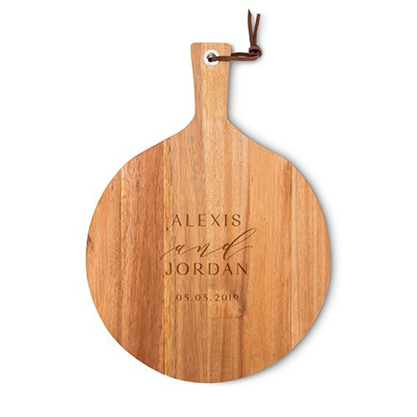 Personalized Round Wooden Cutting And Serving Board With Handle - Modern Couple Etching